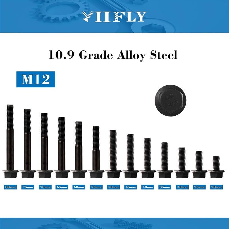 YIIFLY M12 x 80mm Flanged Hex Head Bolts Flange Hexagon Screws, M12x1.75 Bolt, 10.9 Grade Alloy Steel, Hexagon Head Bolts, Black Zinc Finish, Half Thread, Quantity 3 - Image 2